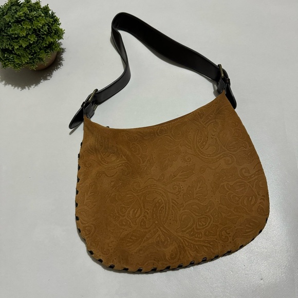 Bisou Bisou Brown Tak Genuine Embossed Siede Leather Western Shoulder Bag Purse - Picture 1 of 12